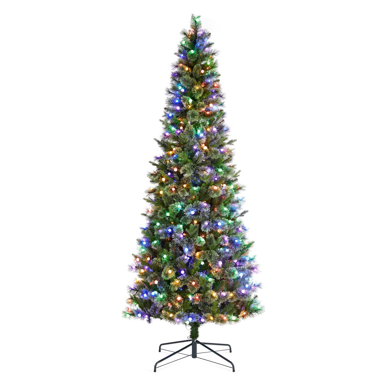 Glitzhome® 9ft Pre-Lit Green Cashmere Slim Pine Artificial Christmas Tree, Multicolor LED Lights